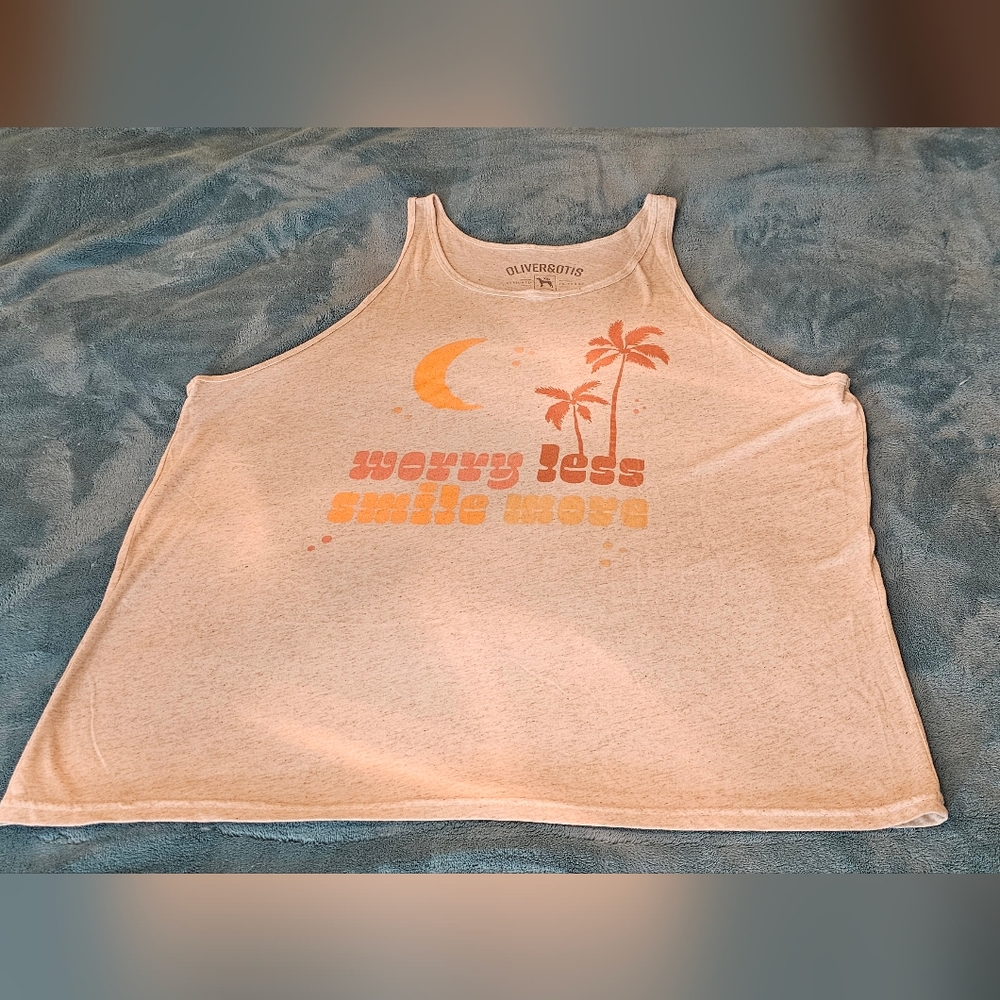 NWOT Oliver&Otis XXL  "Worry Less Smile More" Tan Burnout Tropical Tank